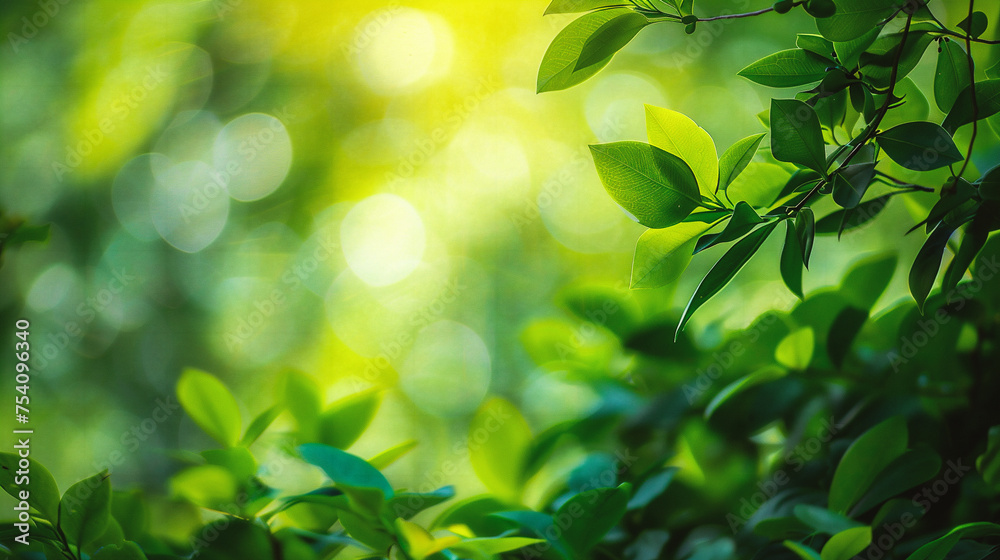 Close up of nature view green leaf on blurred greenery background under sunlight with bokeh and copy space