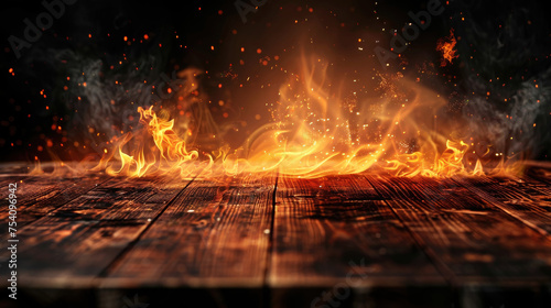 Wooden table with fire burning