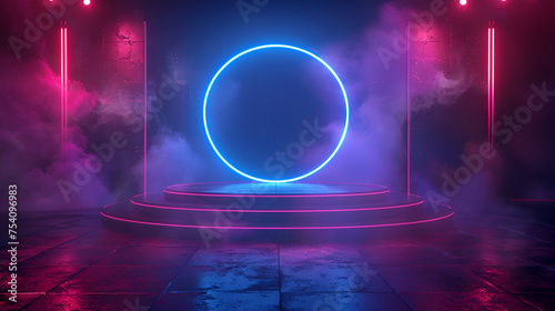 Background podium 3d light game circle blue neon stage, generative ai