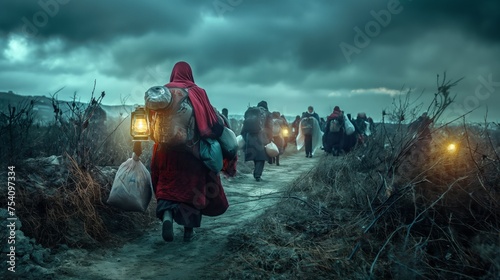 Refugees walking with their belongings on the road photo