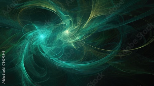 A digital abstract artwork featuring swirling lines and shapes in shades of green and turquoise against a dark background.