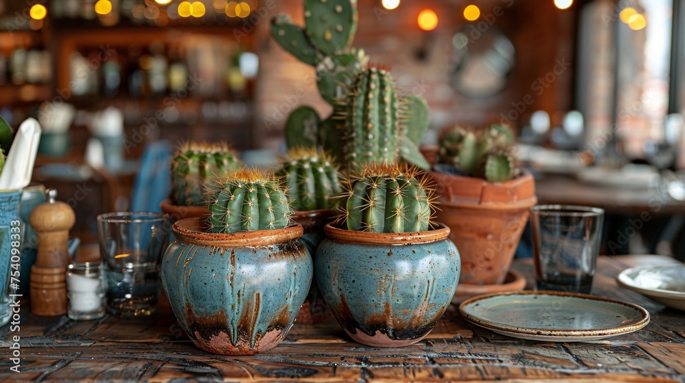 A collection of succulents displayed on a table at a dining establishment.