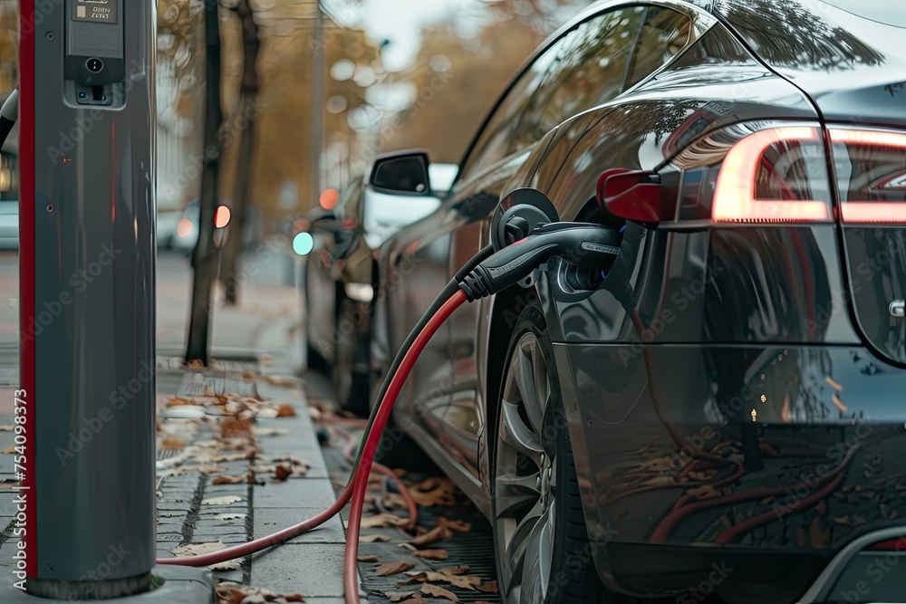 Fototapeta premium Electric vehicles charging at a station highlighting the transition to electric transport