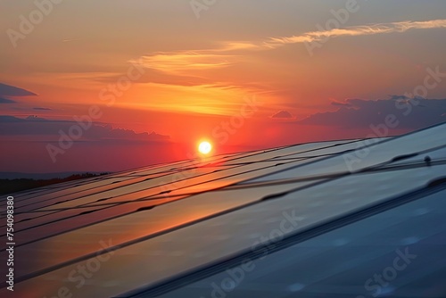 Solar panels with the sunrise in the background showcasing renewable energy photo