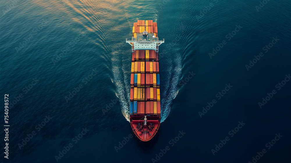 Cargo ship full of standard shipping containers at the sea during shipping at day time. Neural network generated image. Not based on any actual scene or pattern. - obrazy, fototapety, plakaty 