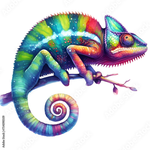 A colorful chameleon, isolated on a white background, shows off its bumpy scales © WindArtMedia