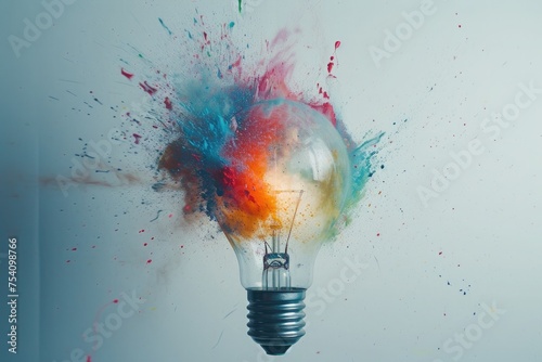 A delicate explosion of watercolor paints flowing out of a shattered light bulb, creating a soft and artistic effect. 8k