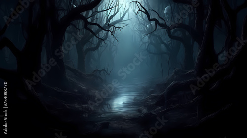 Mysterious dark woods and misty paths  perfect for a Halloween scene