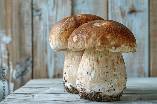 Edible boletus mushrooms displayed on a white wooden table for consumption.