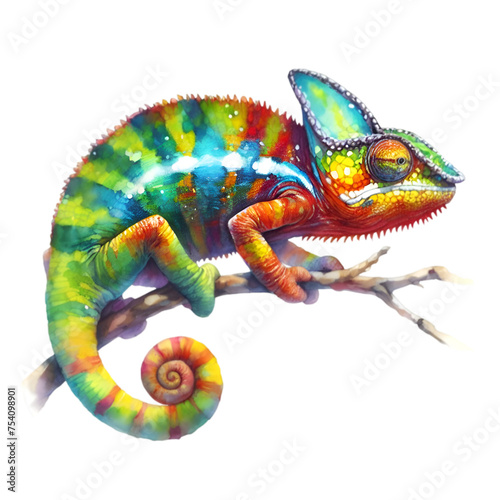 A colorful chameleon, isolated on a white background, shows off its bumpy scales