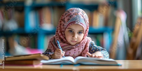 Adorable young Muslim girl studying, reading, and writing at home, developing her reading and writing skills as a creative preschooler. photo