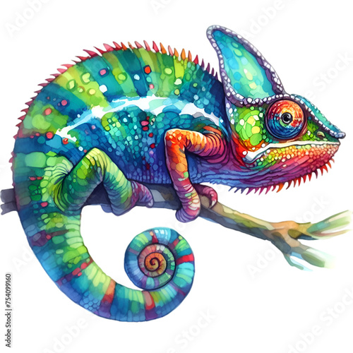 A colorful chameleon, isolated on a white background, shows off its bumpy scales © WindArtMedia