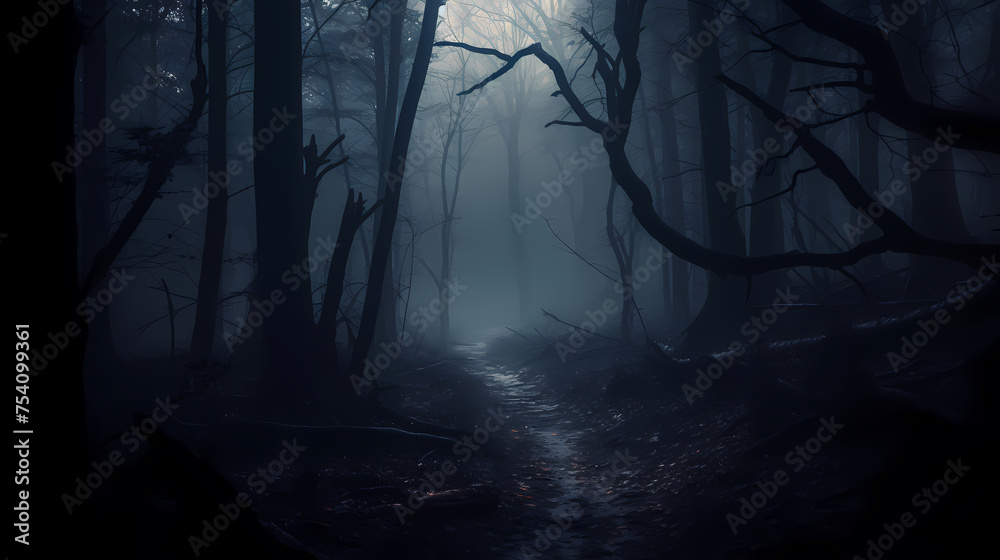 Fototapeta premium Mysterious dark forest at night, halloween background