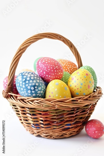 Colorful painted easter eggs in a basket filled with isolated on a white background