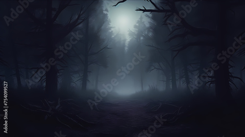 Mysterious dark forest at night, halloween background