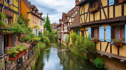 France. Small waterway and classic half-timbered homes.