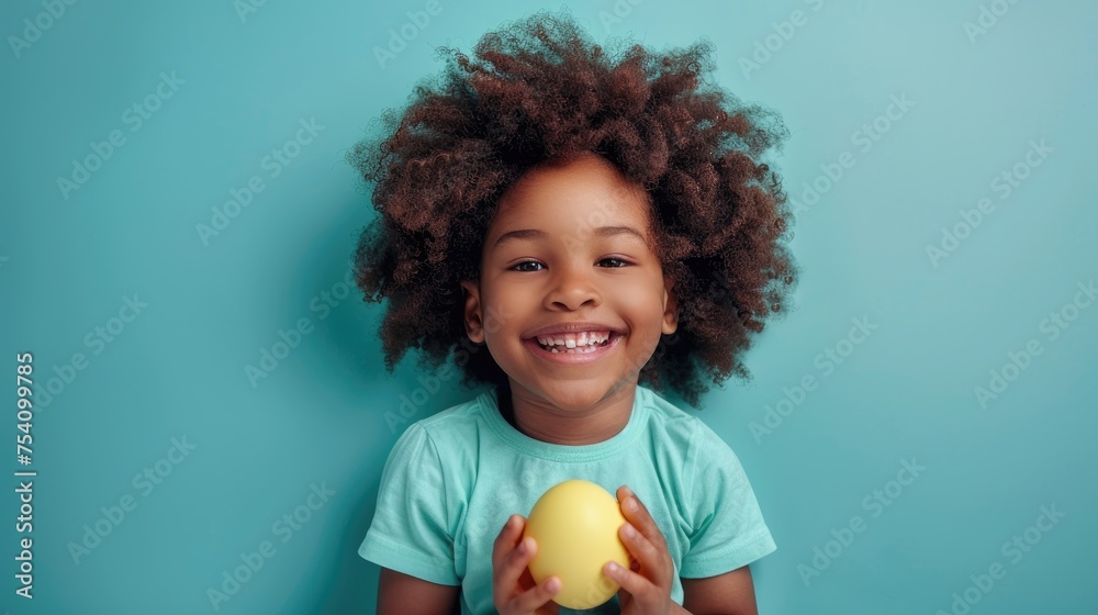 Closeup portrait of smiling cute little afro kid smiling while holds in hands colorful easter egg isolated on soft blue background. Closeup portrait of smiling cute little afro kid smiling while holds in hands colorful easter egg isolated on soft blue background.