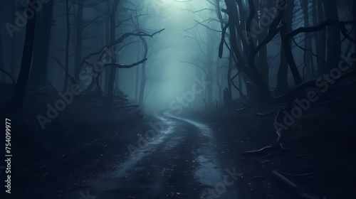 Mysterious dark forest at night  halloween background