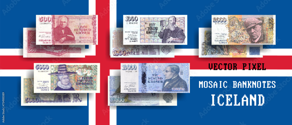 Fototapeta premium Vector set of pixel mosaic banknotes of Iceland. Collection of notes in denominations of 500, 1000, 2000, 5000 and 10000 krone. Play money or flyers.