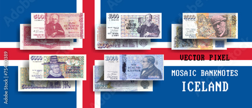 Vector set of pixel mosaic banknotes of Iceland. Collection of notes in denominations of 500, 1000, 2000, 5000 and 10000 krone. Play money or flyers.