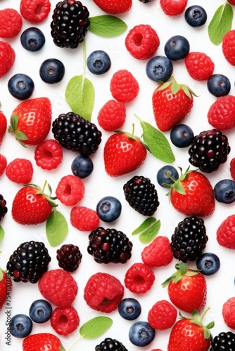 Fruits and berries isolated on white background, top view, flat lay