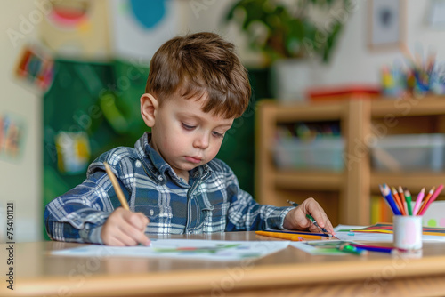 Portrait of a child boy in drawing class drawing a picture