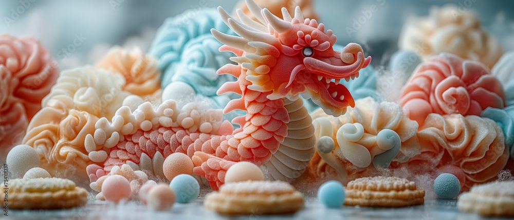 Sweet Molasses Dragon. Illustration On The Theme Of Food And Confectionery Art, Sweets And Cakes. Generative AI	
