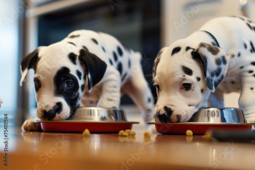 Two Dalmatian puppies eagerly eating from their bowls. photo