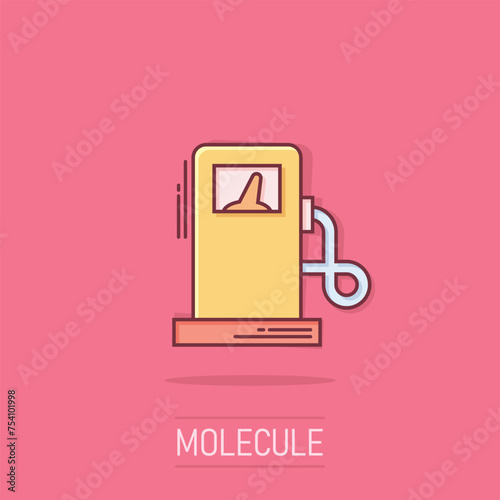 Fuel pump icon in comic style. Gas station cartoon sign vector illustration on isolated background. Petrol splash effect business concept.