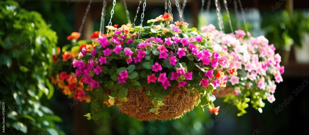 Obraz premium A hanging basket bursting with a variety of vibrant flowers, showcasing a riot of colors such as red, yellow, pink, purple, and white. The flowers are in full bloom,