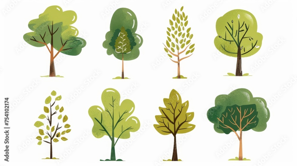 Cartoon trees set isolated on a white background. Simple modern style. Cute green plants, forest, Cartoon trees set isolated on a white background. Simple modern style. Cute green plants, forest,