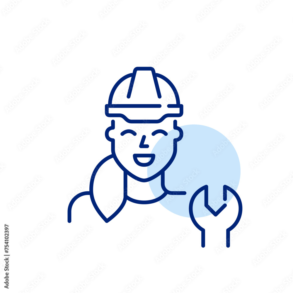 Fototapeta premium Woman hard hat with wrench. Skilled technician in engineering and construction. Pixel perfect, editable stroke icon