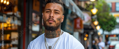 Tattooed Man Standing in Front of Store
