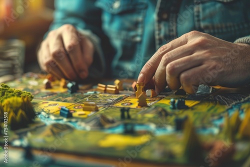 A close-up of a solo board game setup, with a focus on the game's strategic elements and the player's hands contemplating the next move.  photo