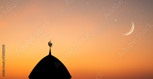 Musque Dome Night Building with Sky Moon Sunset Background Mubaruk Greeting Islam Ramadan Element Masjid Aqsa Hajj Kaaba Umrah Eid Arabian Religion Islamic Muhammad Arab Muslim Greeting.