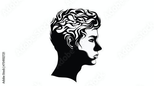 Human face silhouette with brain inside in black and blue.