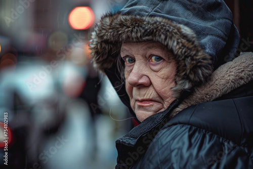 Portrait of a senior woman with leathery wrinkled skin wearing a fur trim hooded jacket.