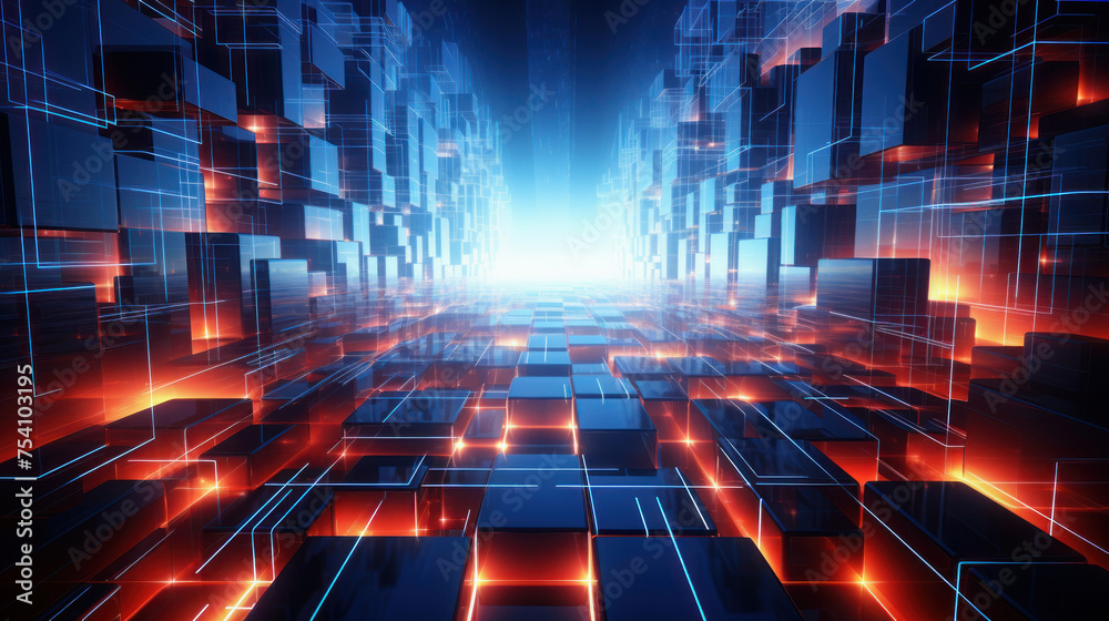 Wide-angle view of a technological realm blue and red hues illuminated by backlighting Wide-angle view of a technological realm blue and red hues illuminated by backlighting