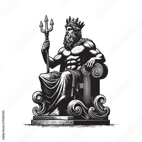 sketch art style king ocean neptune with trident statue vector illustration