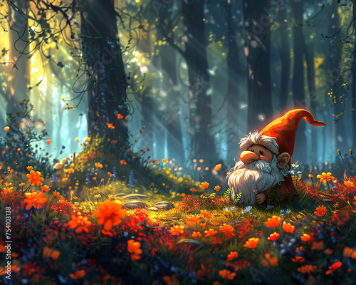 Panoramic view of a cute gnome in chibi style exploring the vibrant forest of spring © Atchariya63