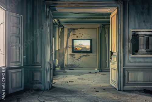 Abandoned hallway with doors leading to a television.