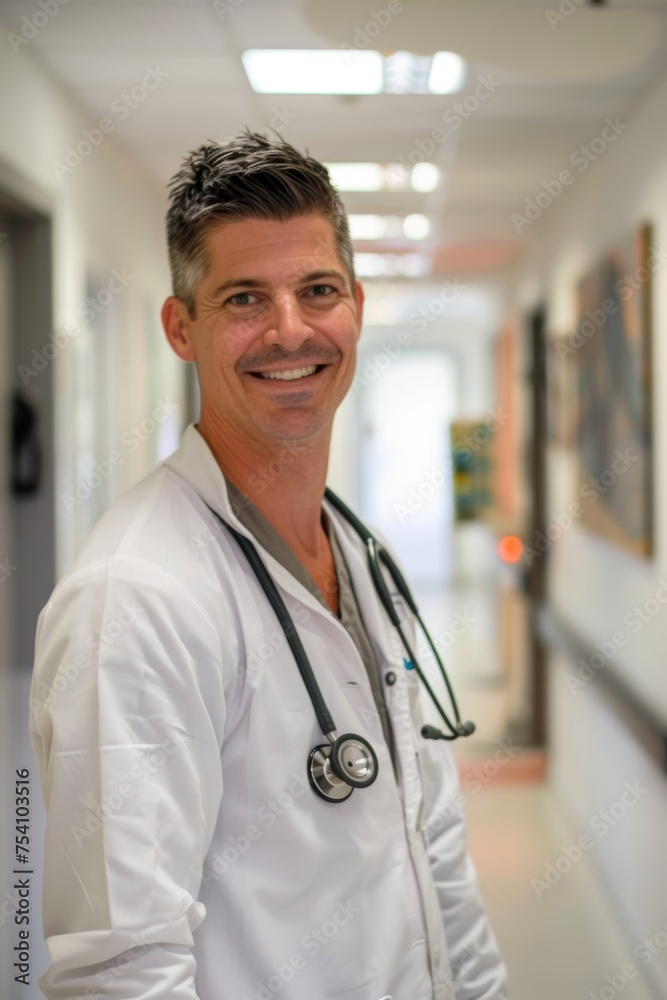 A smiling Hispanic male doctor in a hospital corridor A smiling Hispanic male doctor in a hospital corridor