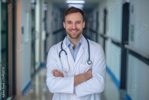 A smiling white male doctor in a hospital corridor