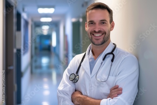 A smiling Hispanic male doctor in a hospital corridor