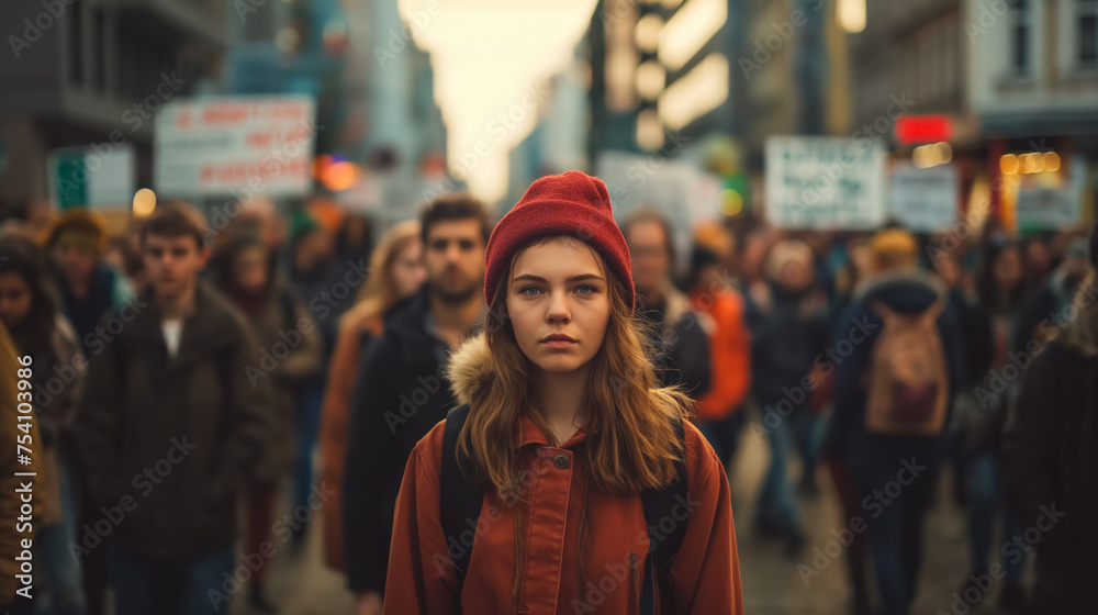 Young woman leading a demonstration. Young woman leading a demonstration.