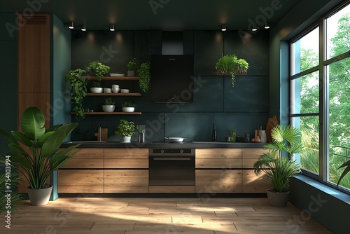 Modern, spacious kitchen with wooden top and indoor plants. © Anna Baranova