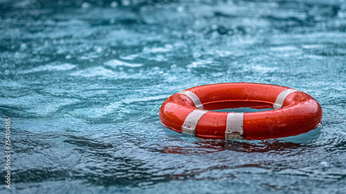 Red lifebuoy adrift on textured blue water. photo