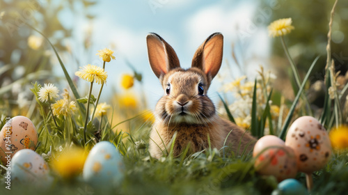 A dawdling Easter bunny with eggs sitting in the meadow, Generative AI