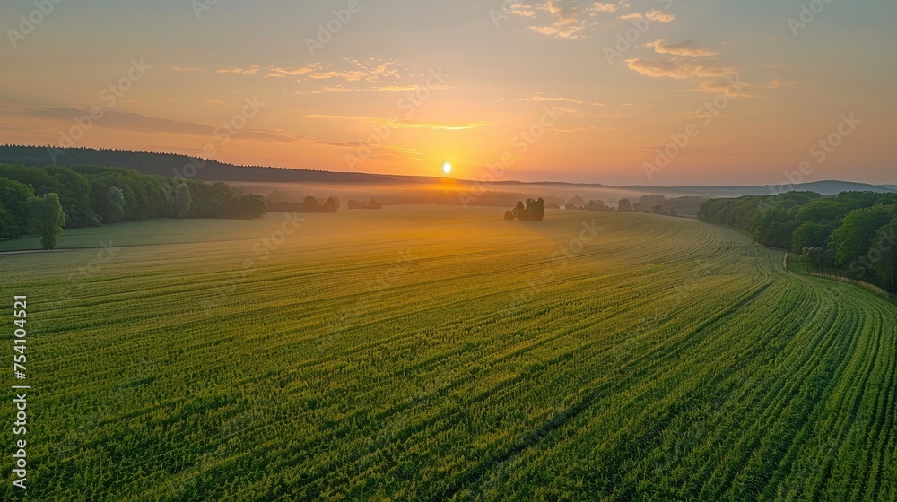 Fototapeta premium A serene landscape at sunrise, captured from a drones perspective
