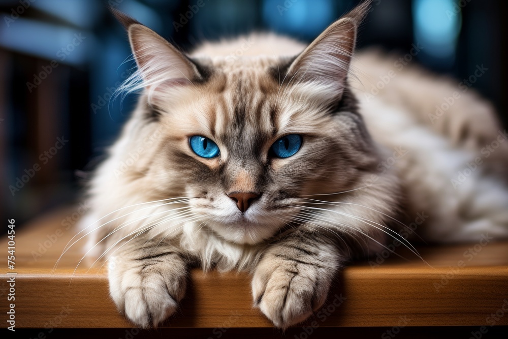Detailed close-up of siamese cat with striking piercing blue eyes, beautiful feline portrait